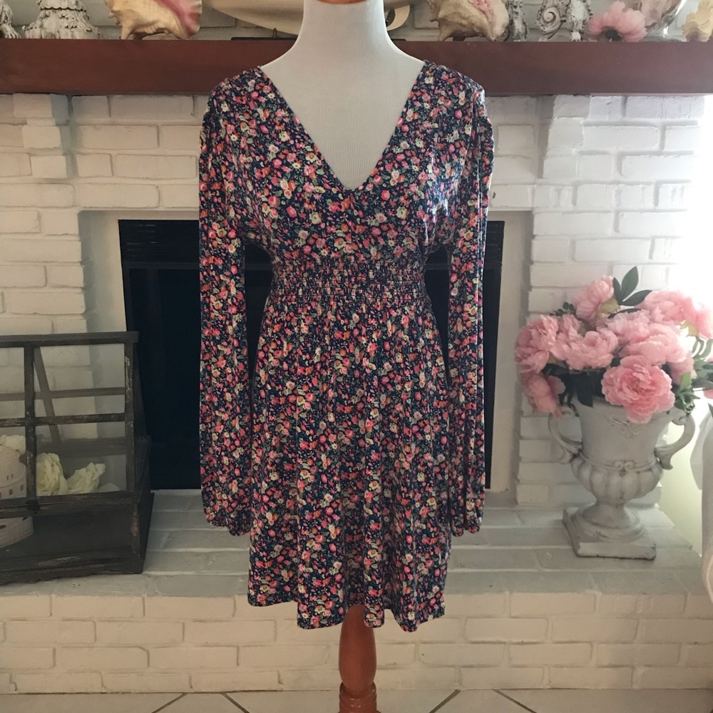 ASOS dress Blue With Pink floral long sleeve cottagecore Back Tie Bow Sz 12.